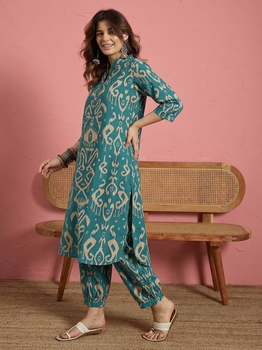 Teal Damask  Button Afghani Set (To be dispatched in 7 -10 days)