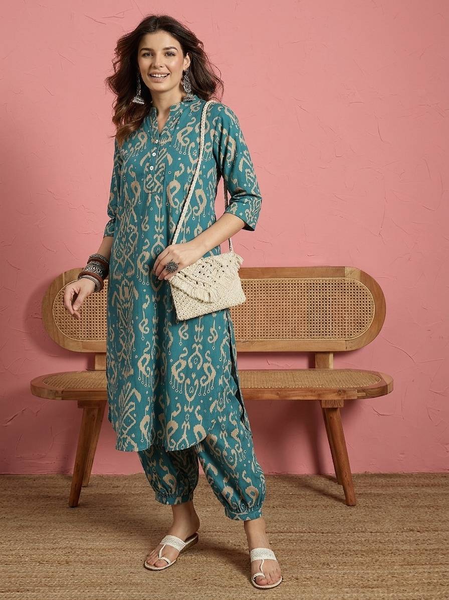 Teal Damask  Button Afghani Set (To be dispatched in 7 -10 days)