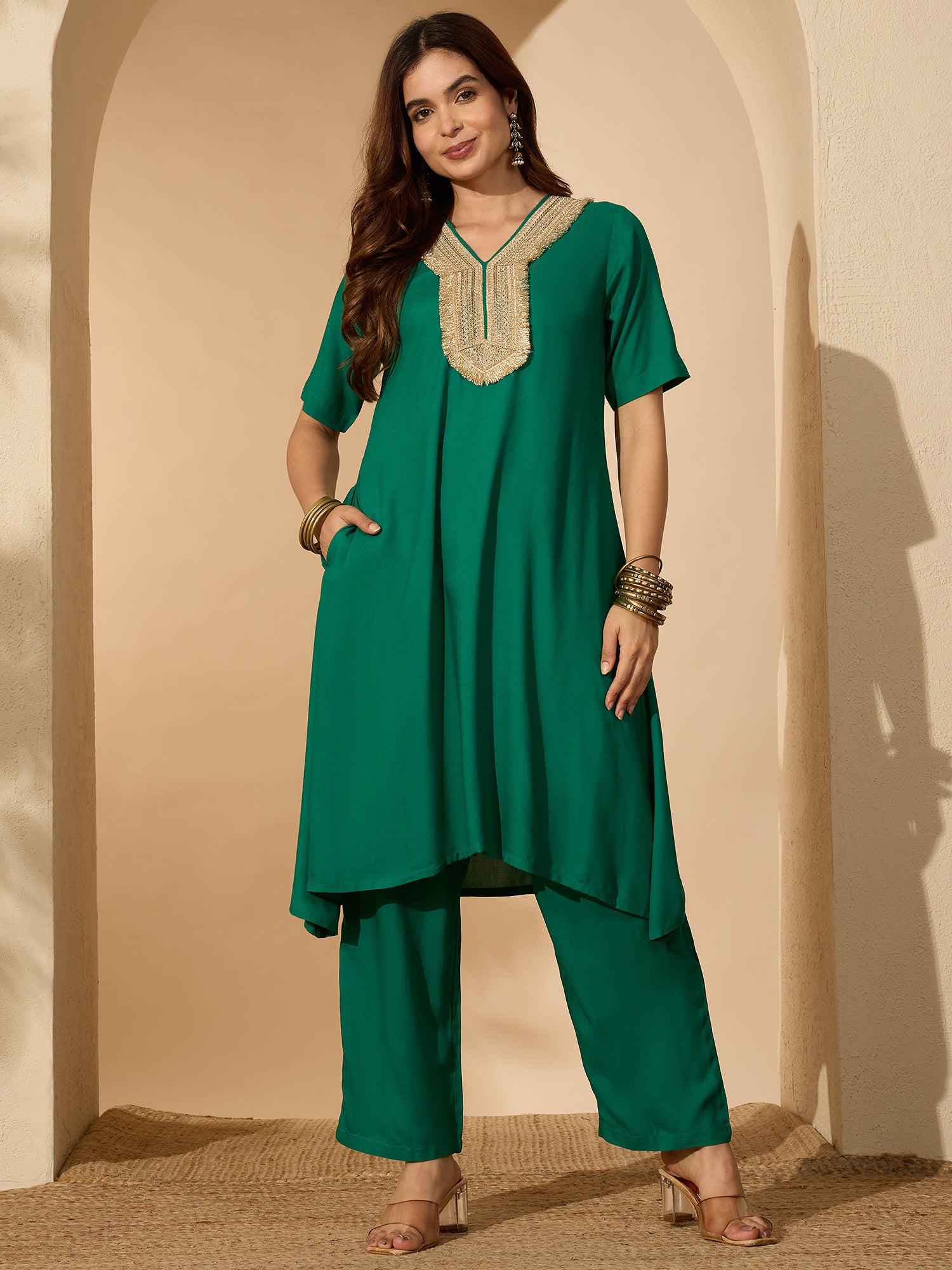 Green Aline Gota Work Kurta Pant Set