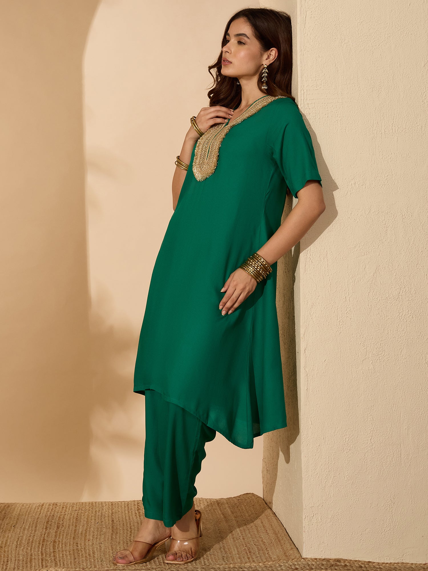 Green Aline Gota Work Kurta Pant Set