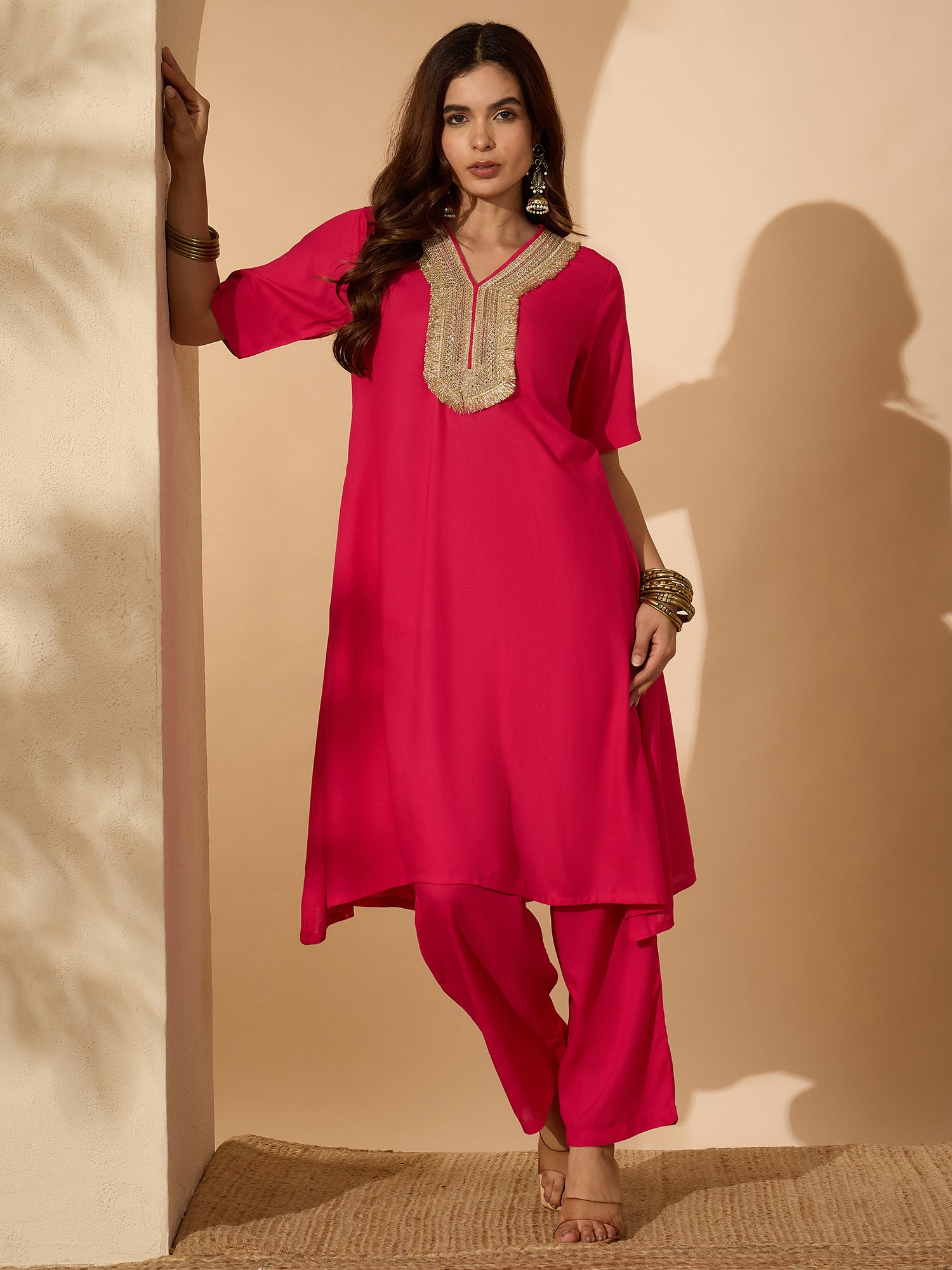 Fuchsia Aline Gota Work Kurta Pant Set