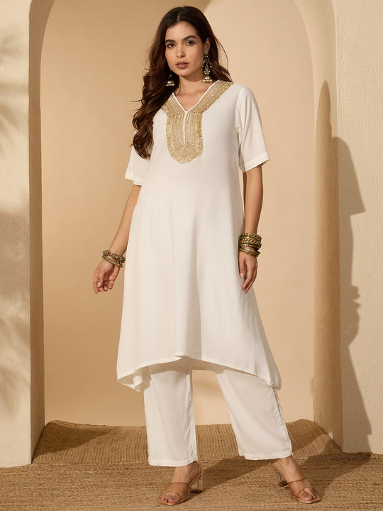 White A-line Gota Work Kurta Pant Set