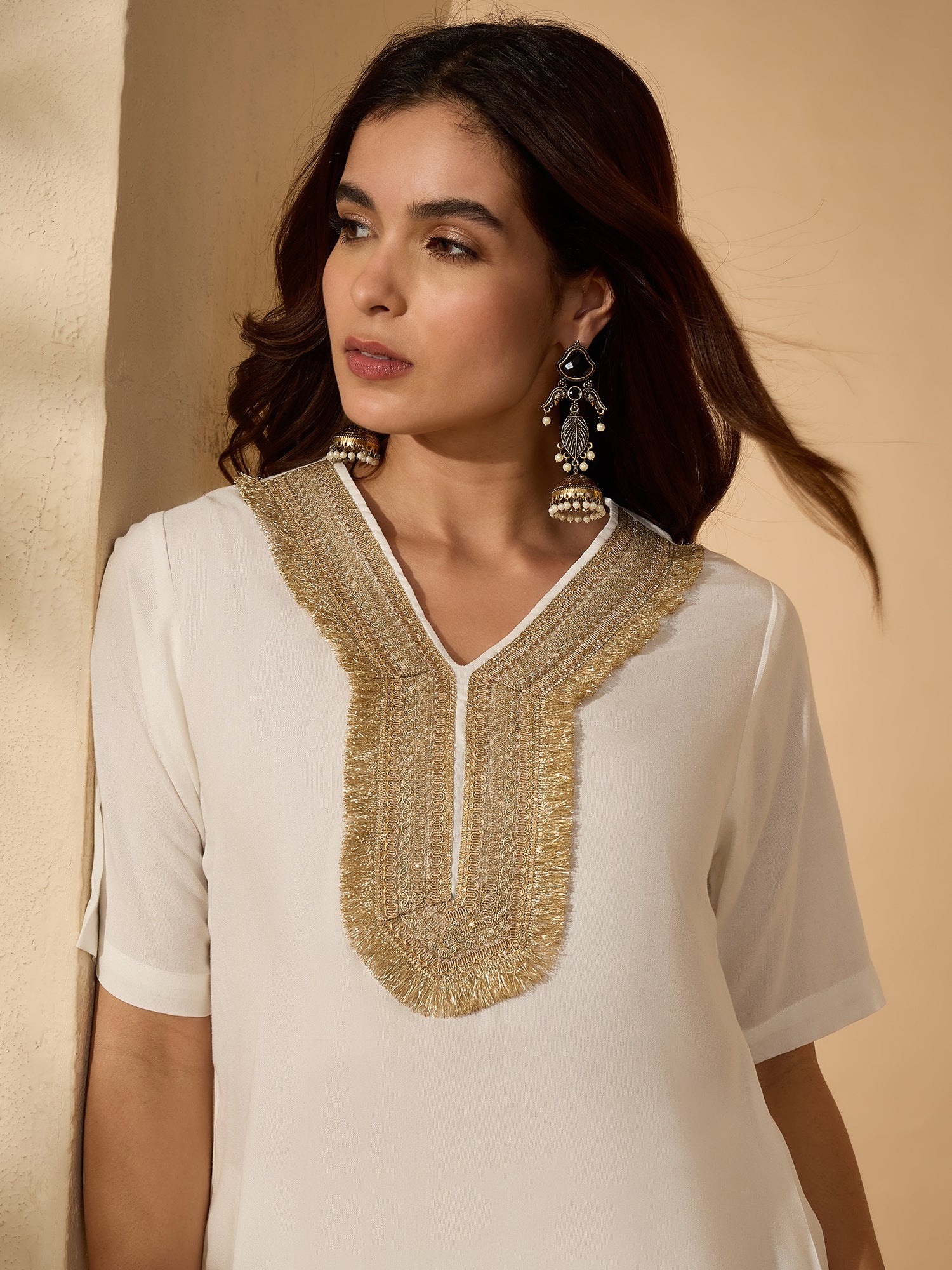 White Aline Gota Work Kurta Pant Set