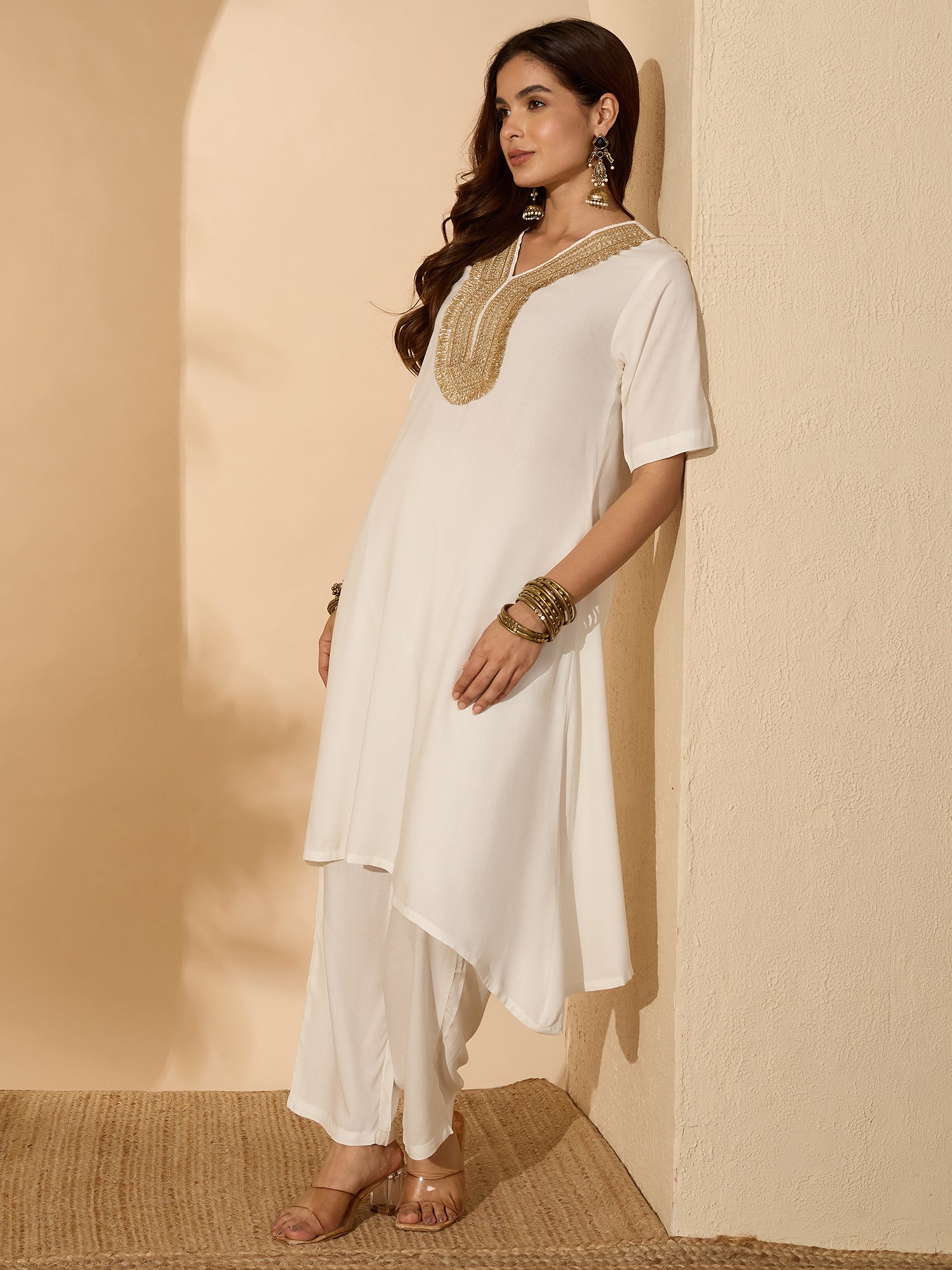 White Aline Gota Work Kurta Pant Set