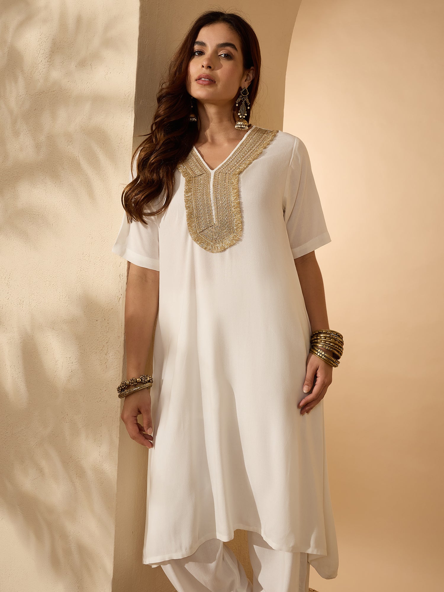 White Aline Gota Work Kurta Pant Set
