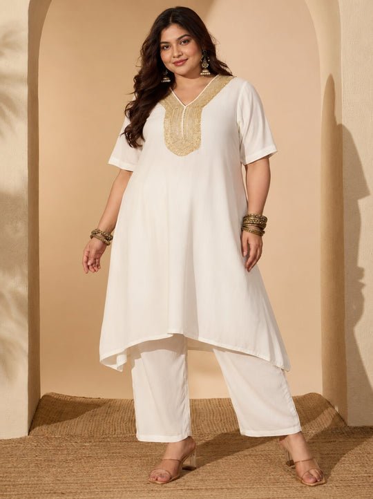 White Aline Gota Work Kurta Pant Set