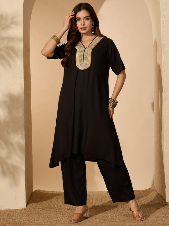 Black A-line Gota Work Kurta Pant Set