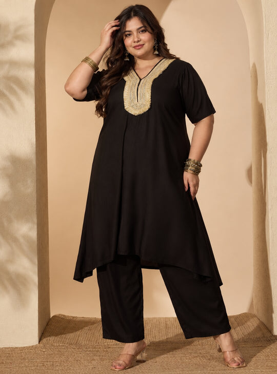 Black Aline Gota Work Kurta Pant Set