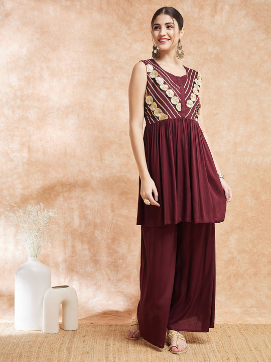 Dark Brown Neck Gota Work Kurta Sharara Set