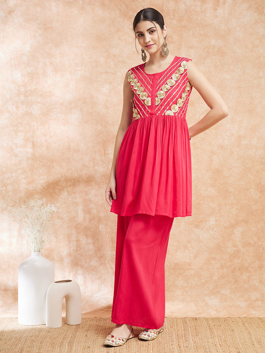 Crimson Red Neck Gota Work Kurta Sharara Set