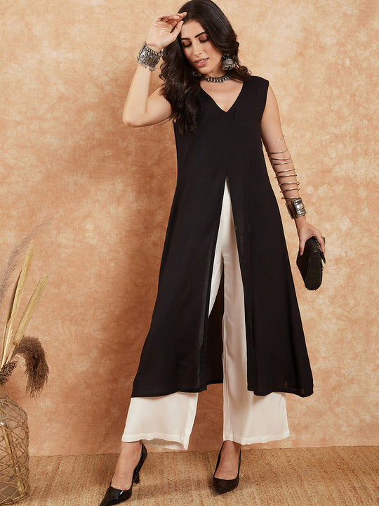 Black Front Slit Kurta Pant Set