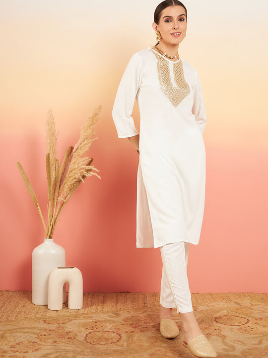 Cream Sequance Patch Work Kurta Set