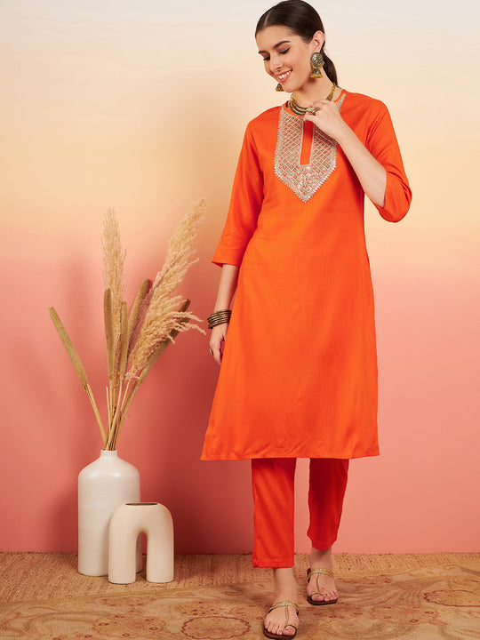 Orange Sequance Patch Work Kurta Set