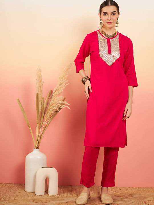 Fuschia Sequance Patch Work Kurta Set