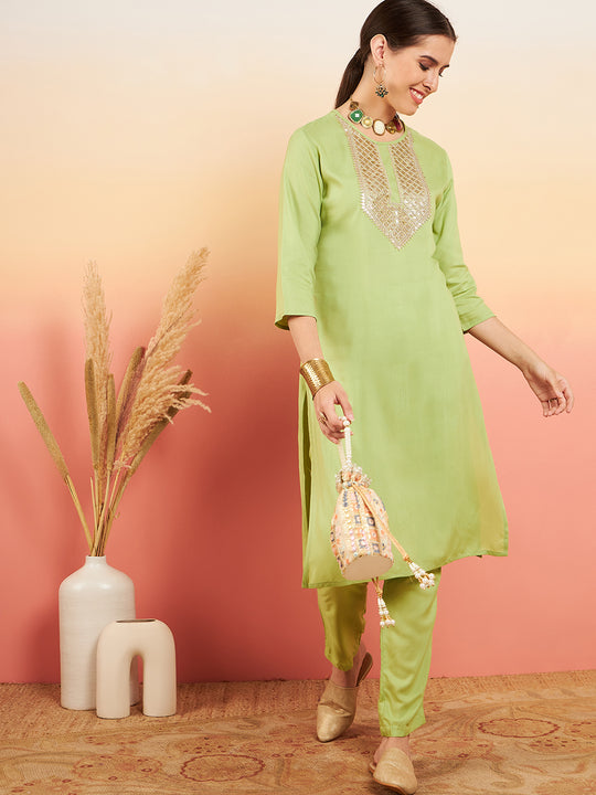 Pear Green Sequence Patch Work Kurta Set