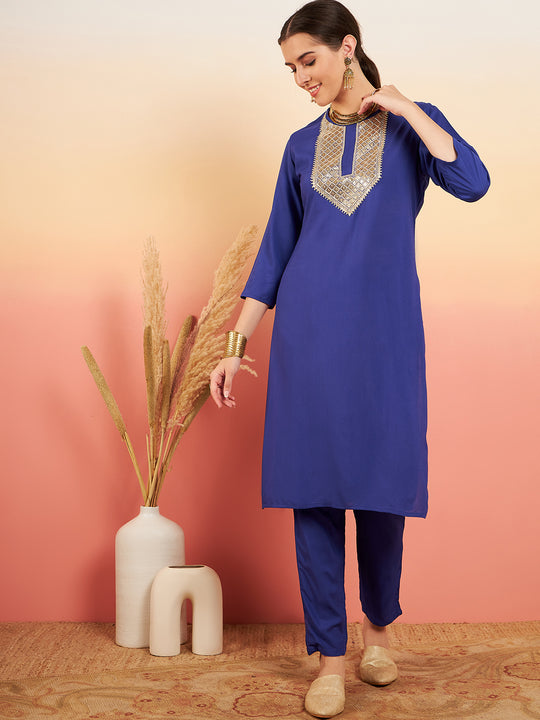 Ink Blue Sequance Patch Work Kurta Set