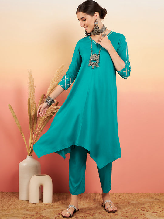 Teal V Neck Gota Sleeve A Line Kurta Set