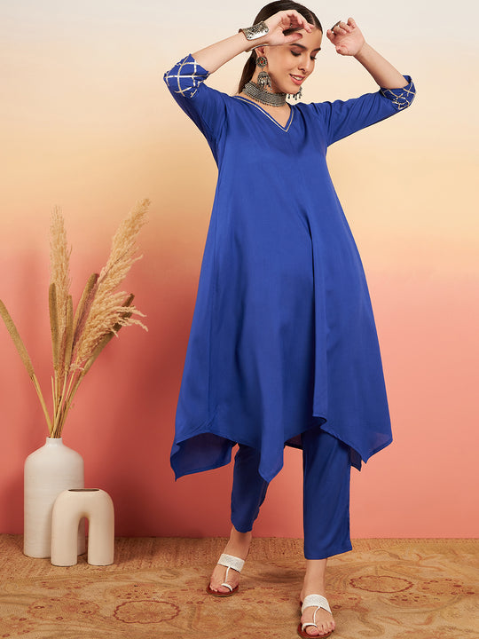 Ink Blue V Neck Gota Sleeve A Line Kurta Set