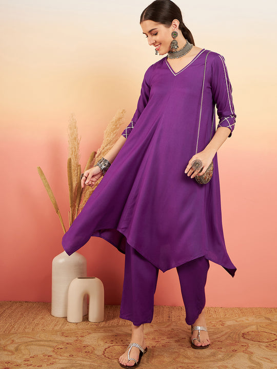 Violet V Neck Gota Sleeve A Line Kurta Set