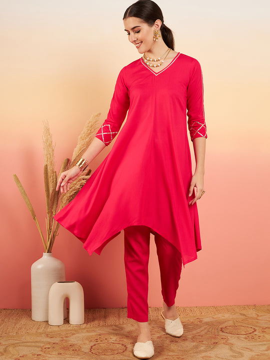 Fuschia V Neck Gota Sleeve A Line Kurta Set