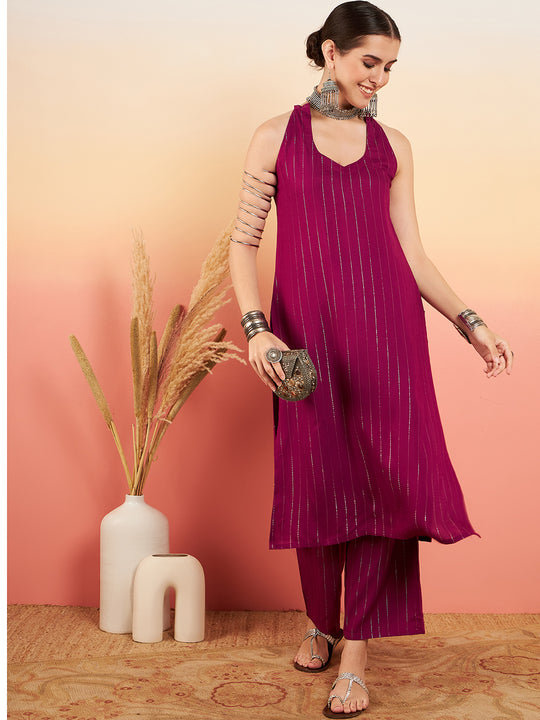 Wine Lurex Neck Patti Halter Kurta Pant Set
