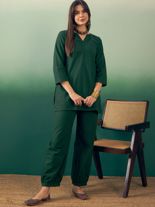Dark Green Solid V Neck Short Kurta Pant Set