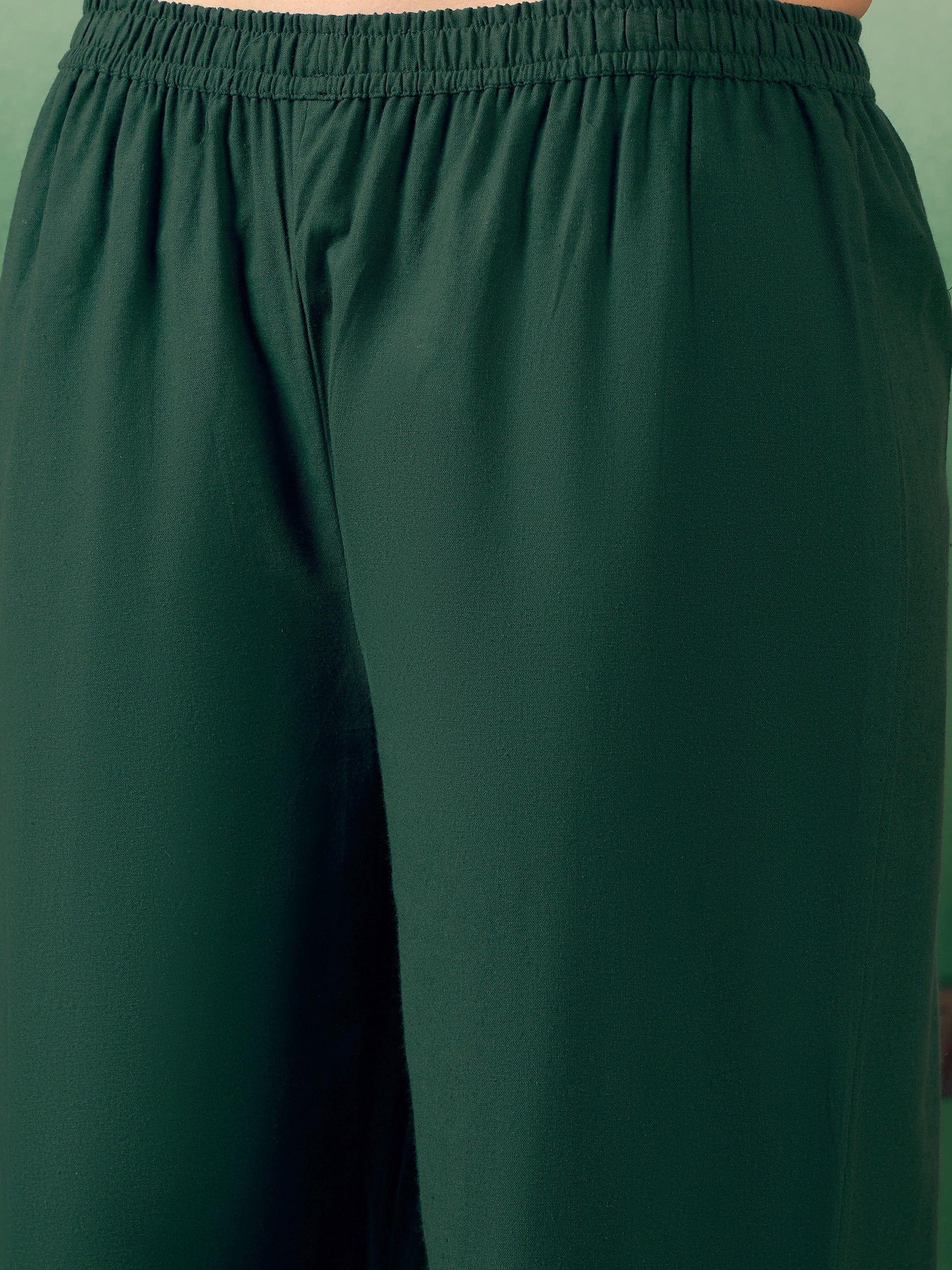 Dark Green Solid V Neck Short Kurta Pant Set