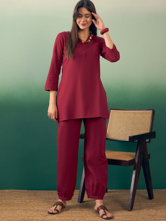 Burgundy Solid V Neck Short Kurta Pant Set