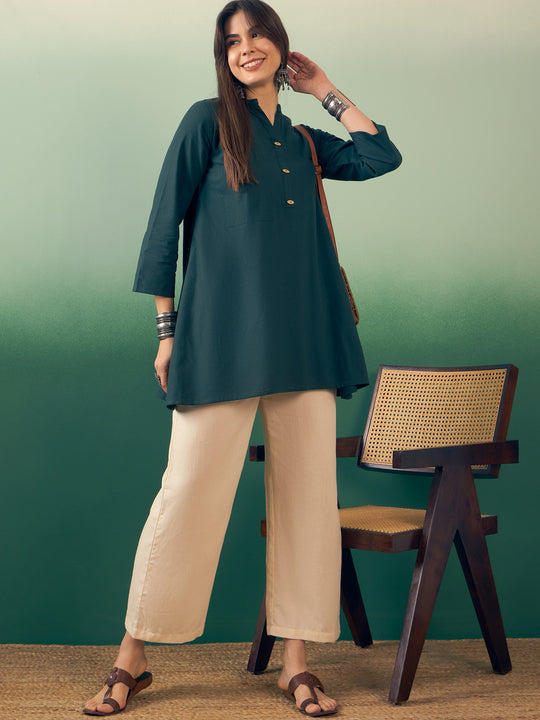 Dark Green Manderian V Neck Button Kurta Cream Pant Set