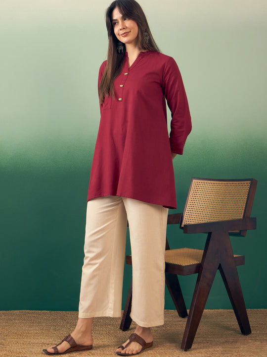 Burgundy Mandarin V Neck Button Kurta Cream Pant Set