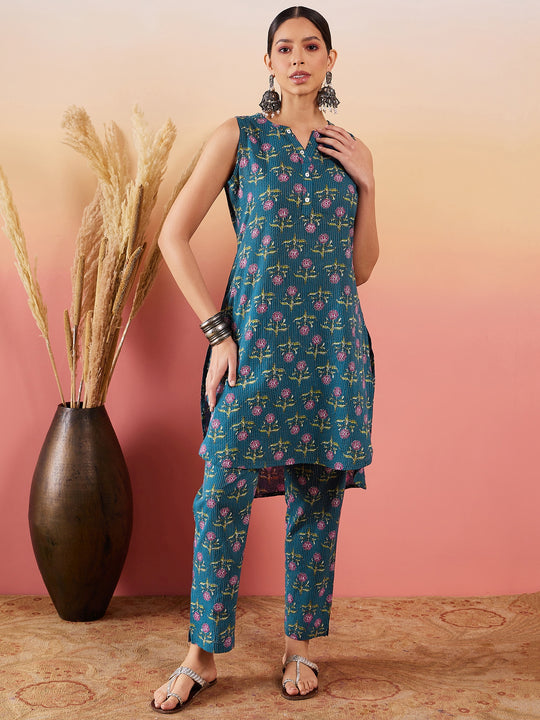 Teal Kantha Mandarin Kurta Set