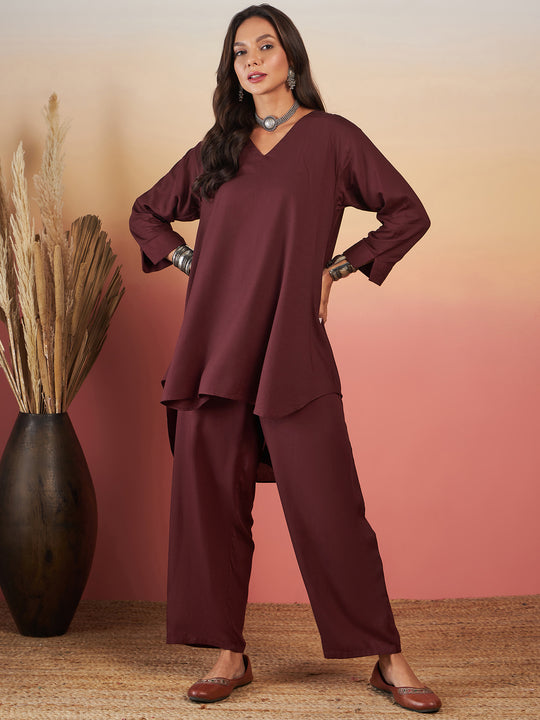 Dark Brown High Low Kurta Pant Set