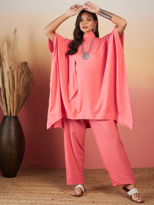 Peach Solid Tie Neck Kaftan Style Boho Pant Set