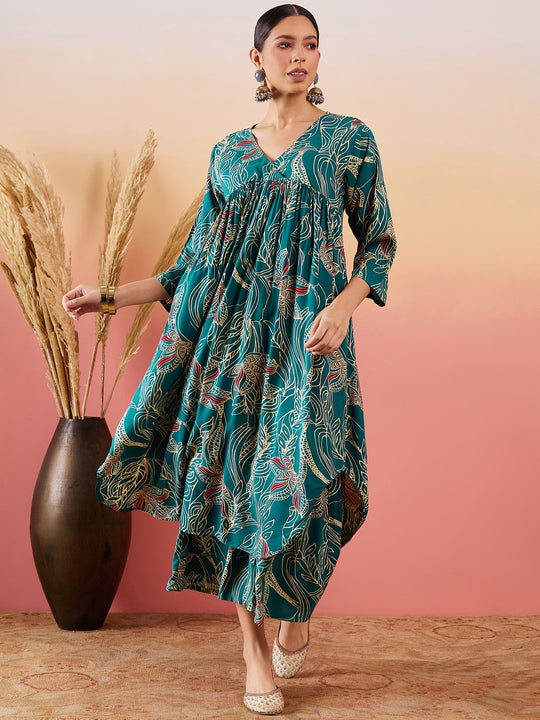 Teal Beige Red V Neck Kurta Short Palazzo Set