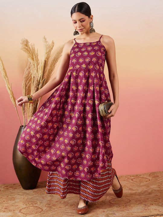 Burgundy Floral Boota Print Strappy Printed Palazzo Set