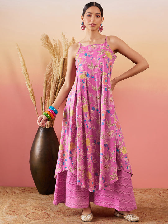 Dull Pink Floral Print Strappy Printed Palazzo Set