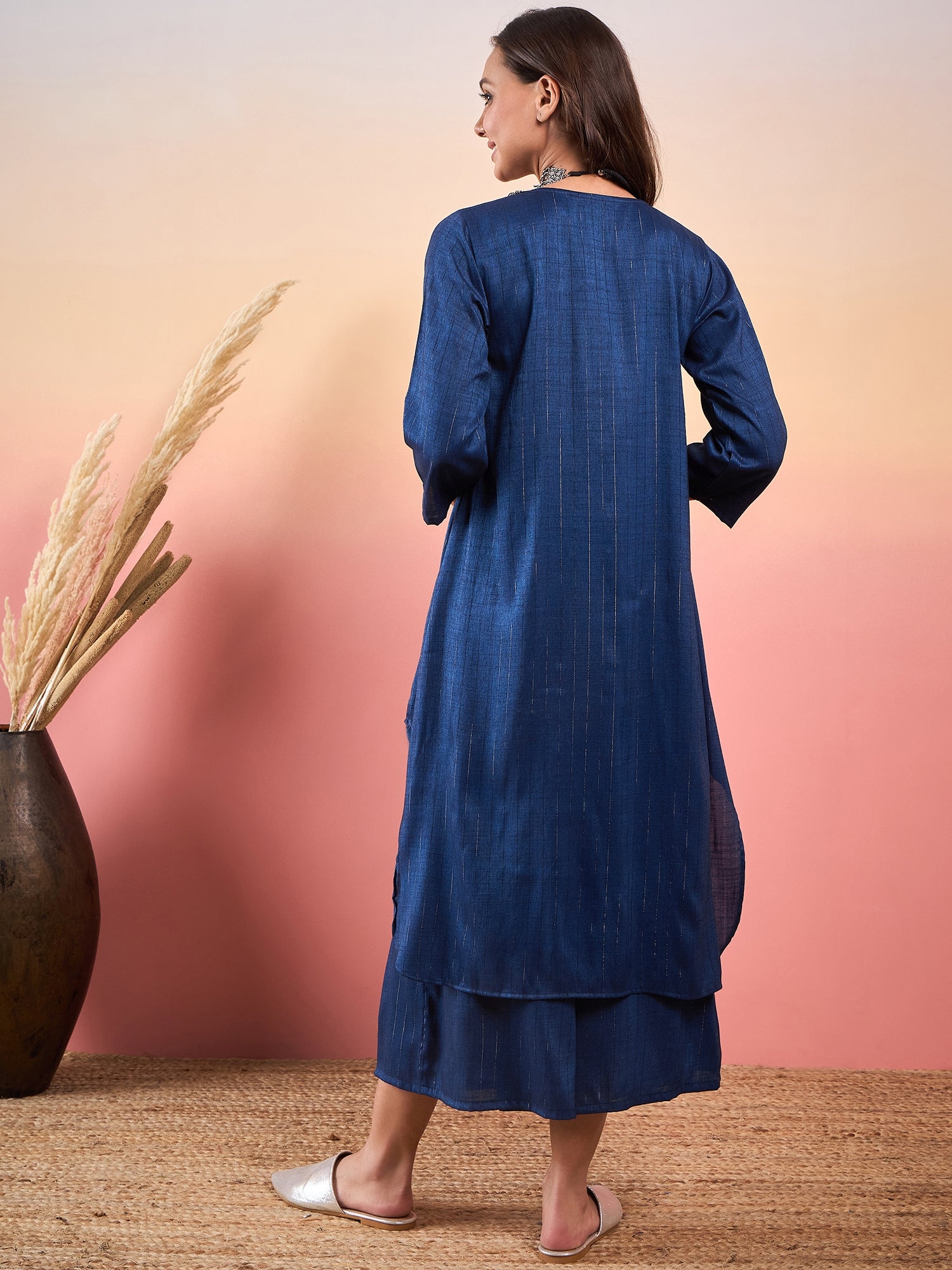 Peacock Blue Double Tone Lurex V Neck Flared Kurta Set