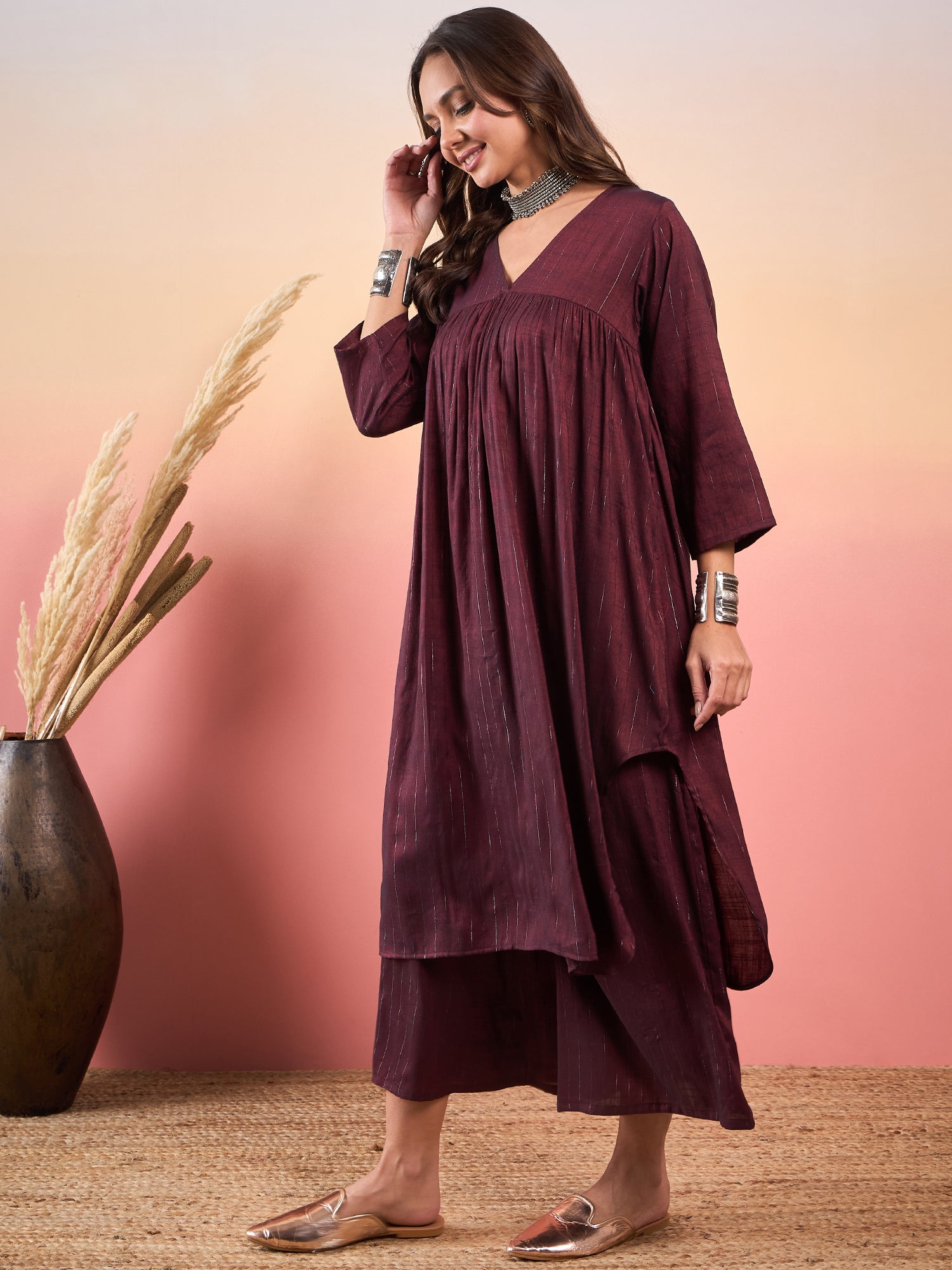Wine Double Tone Lurex V Neck Flared Kurta Set