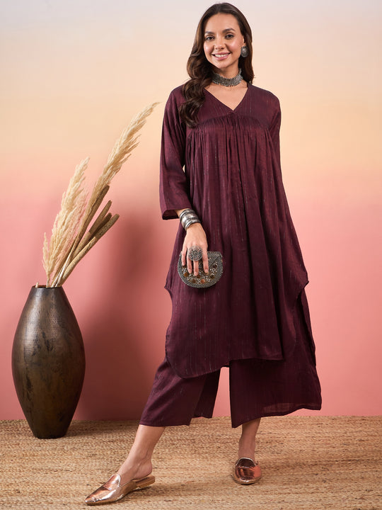 Wine Double Tone Lurex V Neck Flared Kurta Set