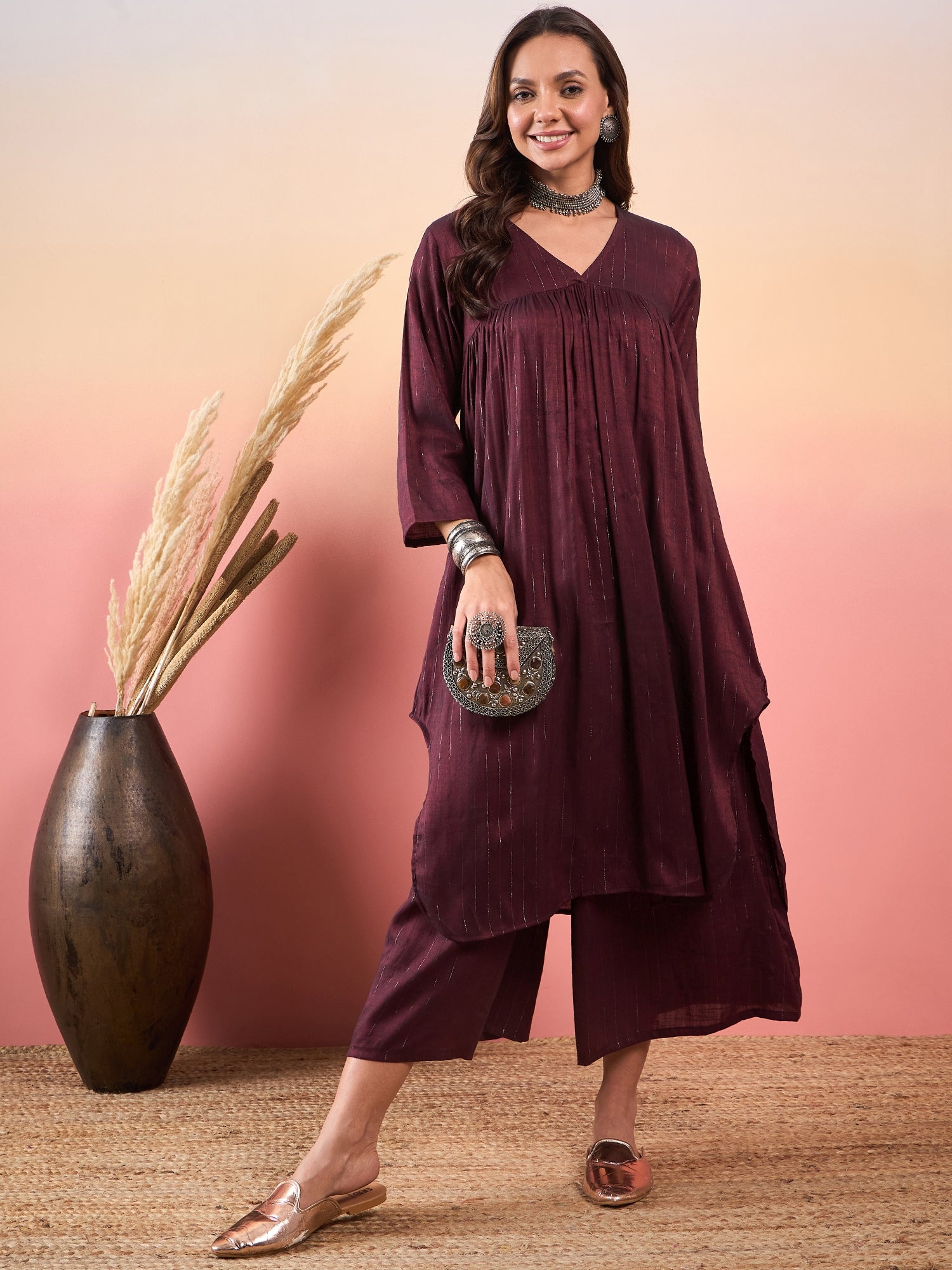 Wine Double Tone Lurex V Neck Flared Kurta Set