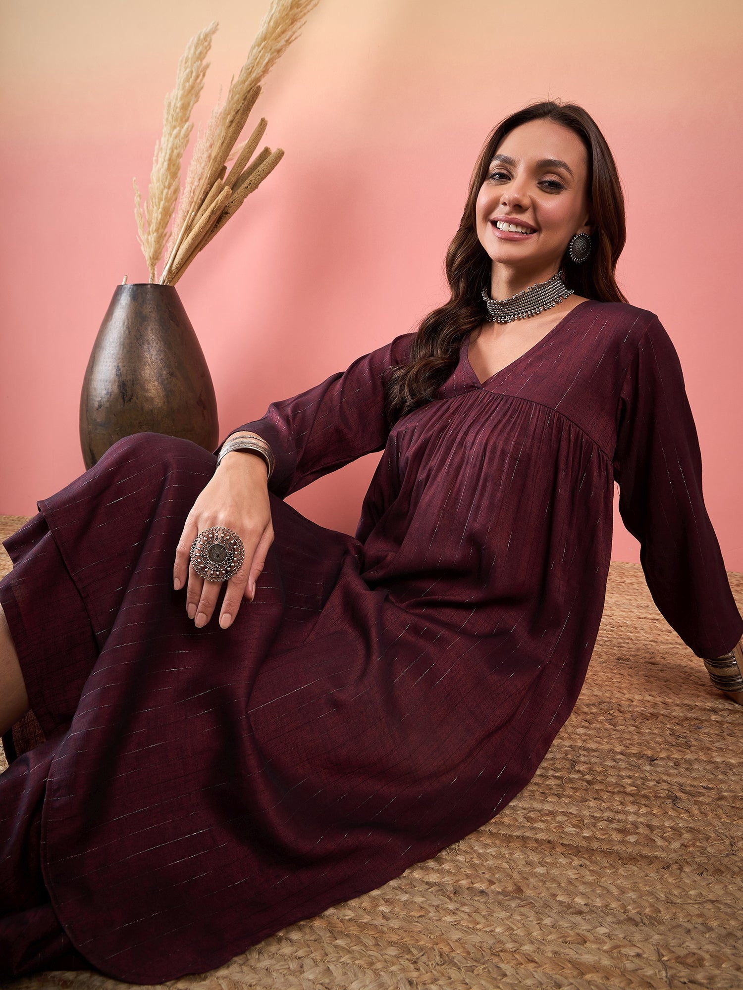 Wine Double Tone Lurex V Neck Flared Kurta Set