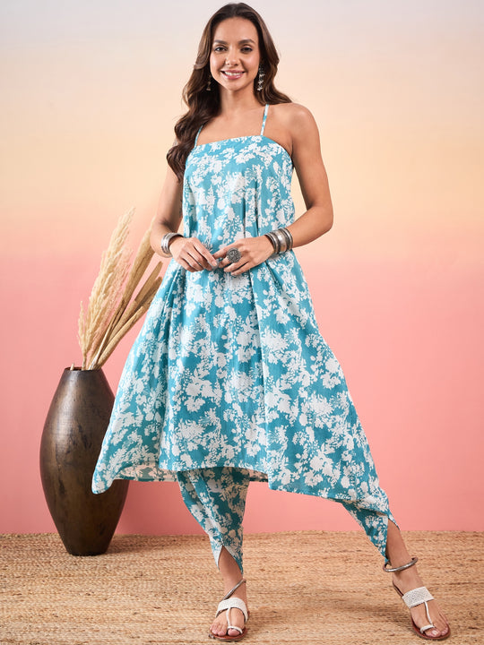Powder Blue White Print Breeze Please Dhoti Set