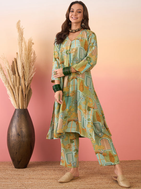 Pear Green Window Print V Neck Kurta Pant Set