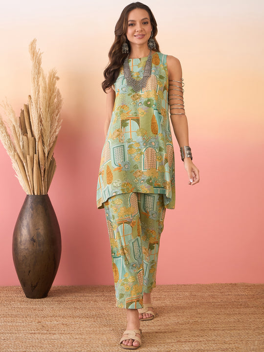 Pear Green Window Print Round Neck Kurta Pant Set