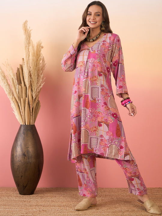 Dusty Pink Window Print V Neck Kurta Pant Set
