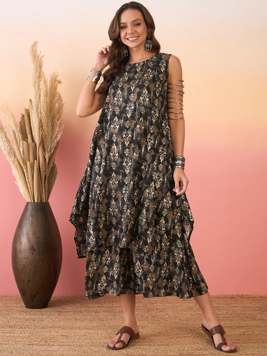 Black Ikkat Print Foil Round Neck Palazzo Set