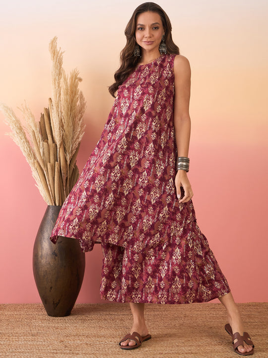 Burgundy Ikkat Print Foil Round Neck Palazzo Set