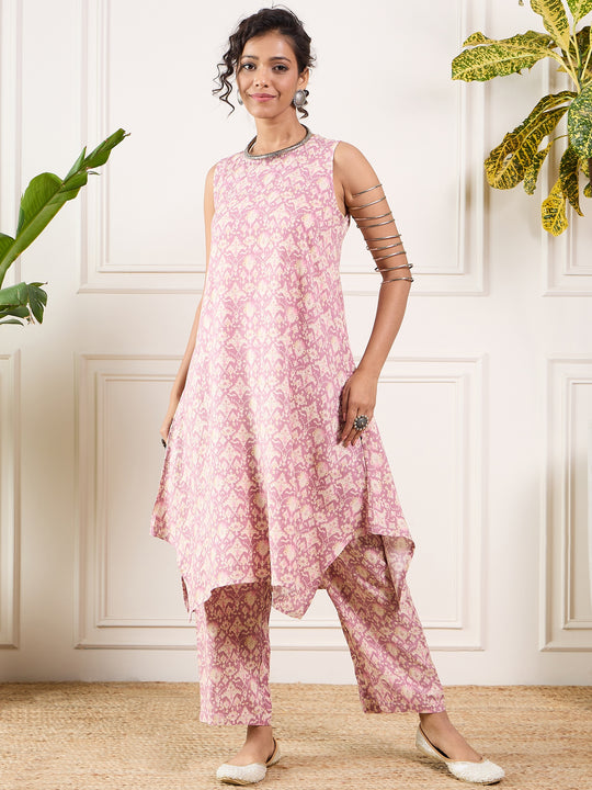 Dusty Pink Ikkat Print Foil Round Neck Kurta Pant Set