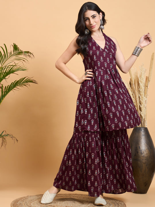 Wine Booti Rapid Print Backless Kurta Sharara Set