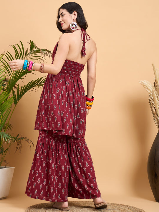 Maroon Booti Backless Kurta Sharara Set